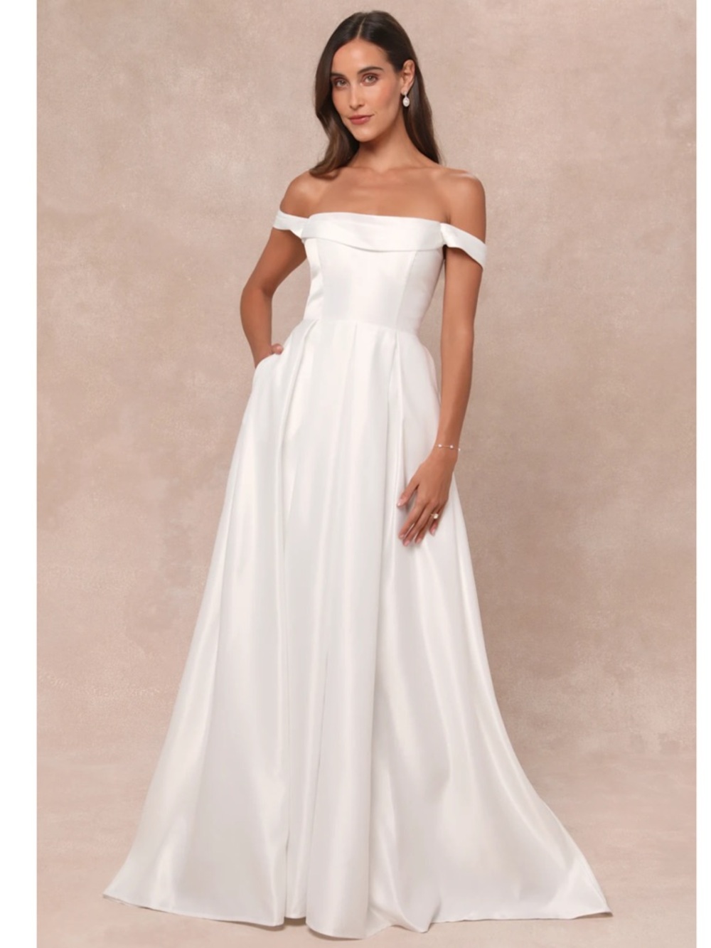 Lulus Extraordinary Vow White Off-Shoulder Pockets Maxi Wedding Dress NWT Small